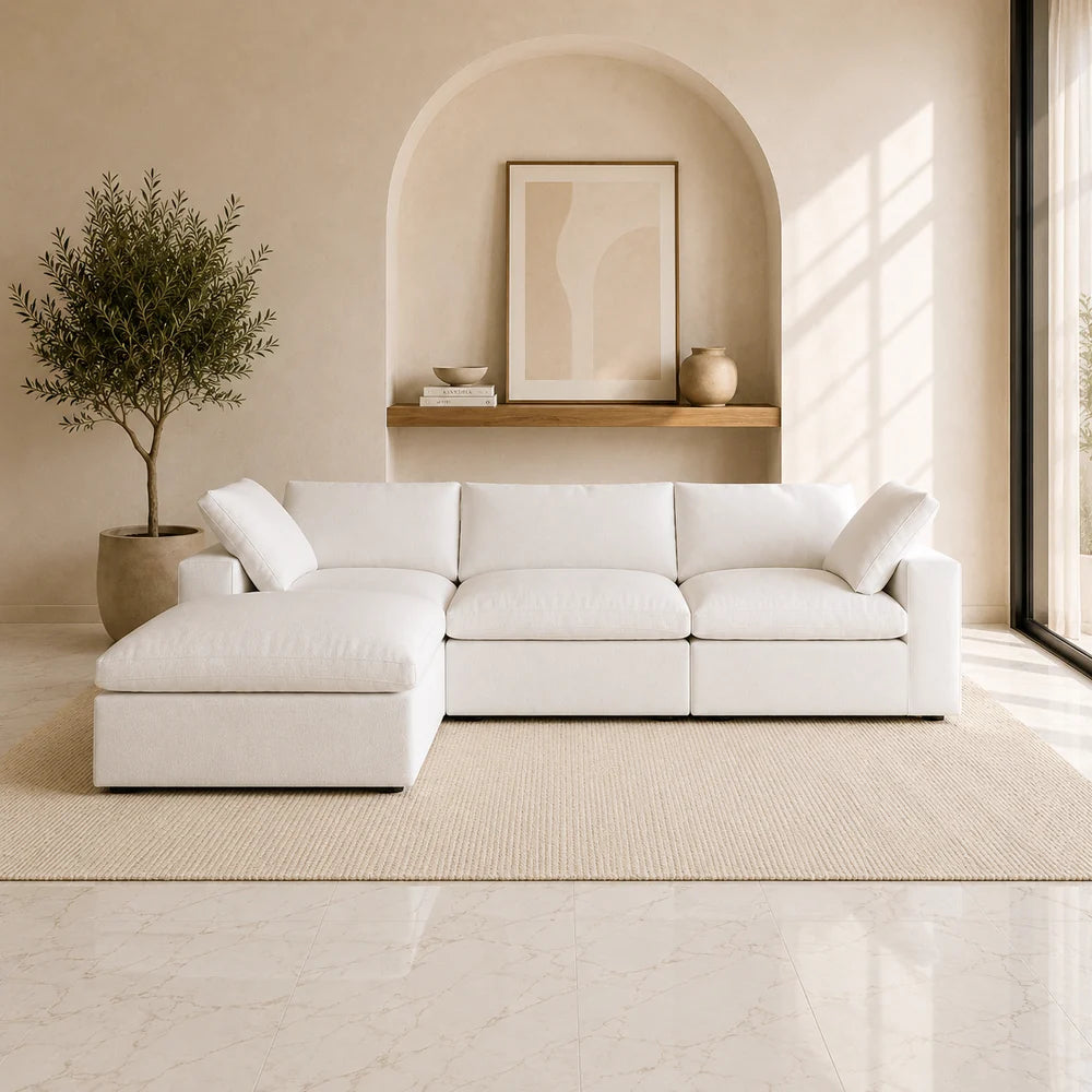 White 4-piece Pit Cloud Couch by Cloudora featuring plush cushions and a modern, low-profile design for comfortable lounging.