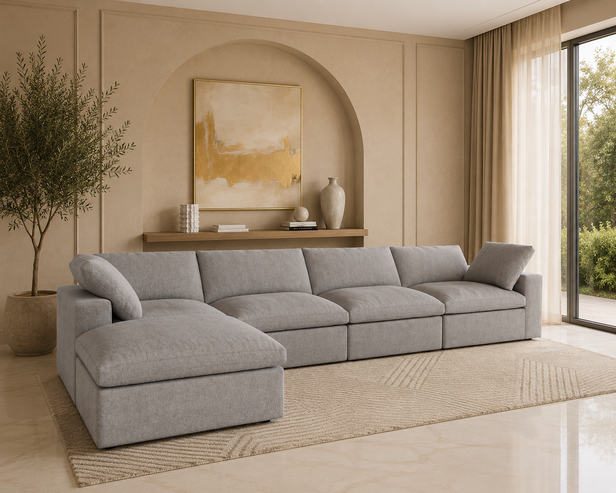 White 5-piece Cloudora Cloud Couch set with plush cushions and soft fabric, perfect for cozy living room seating.