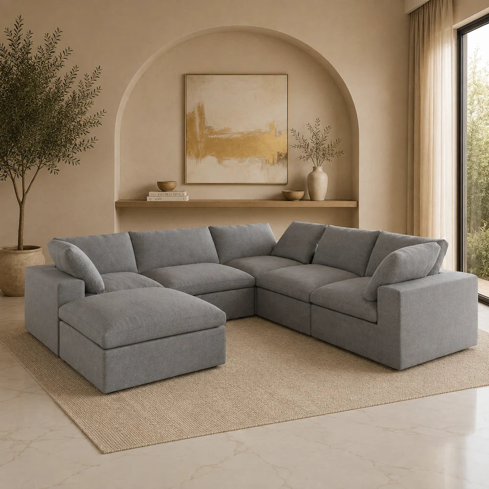 Six-piece Corner Pit Cloud set by Cloudora featuring white modular outdoor seating for patio or garden.