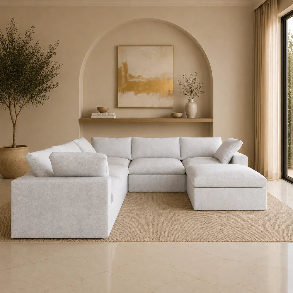 Six-piece corner pit cloud set by Cloudora featuring plush white cushions for outdoor lounging and corner seating.