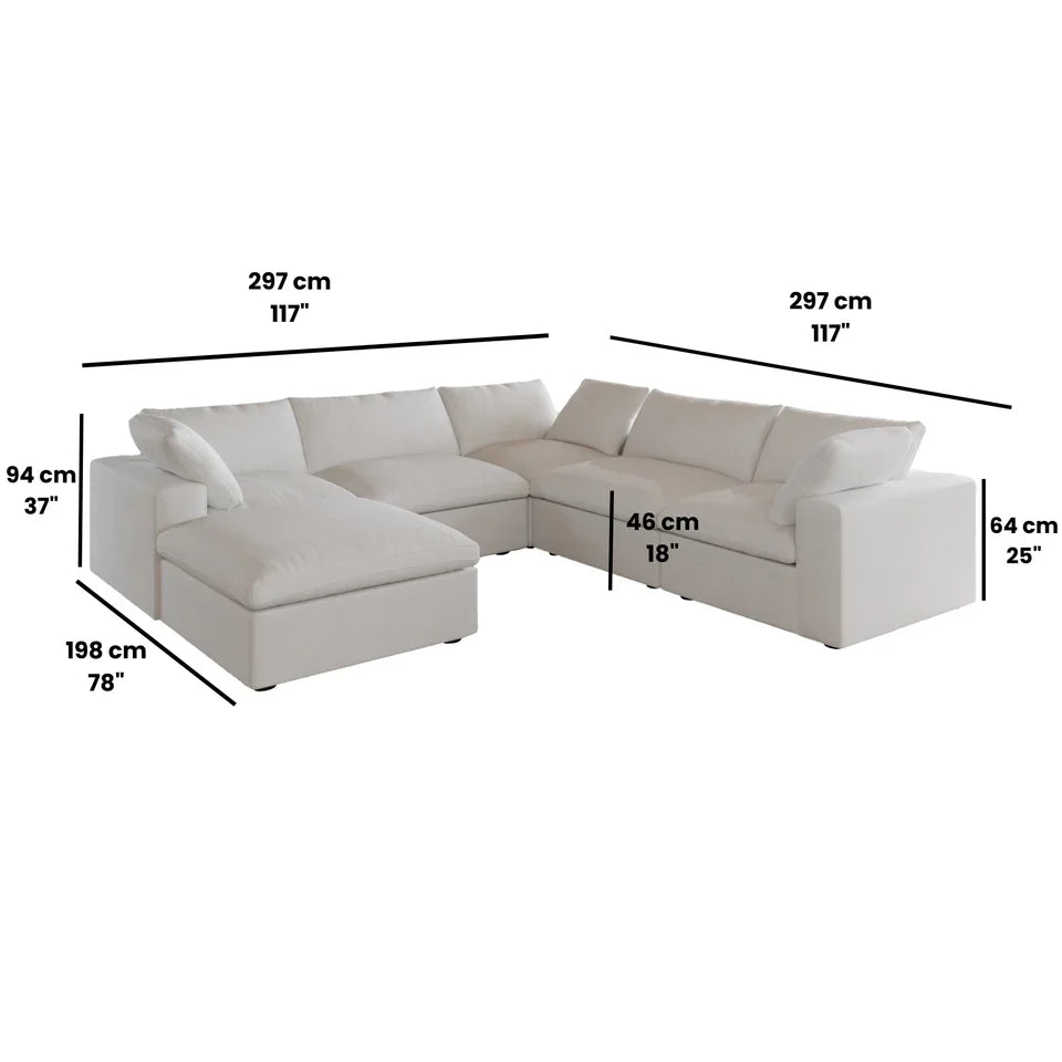 Six-piece Cloudora Corner Pit Cloud set in white, featuring soft cushions and corner seating for outdoor relaxation and comfort.